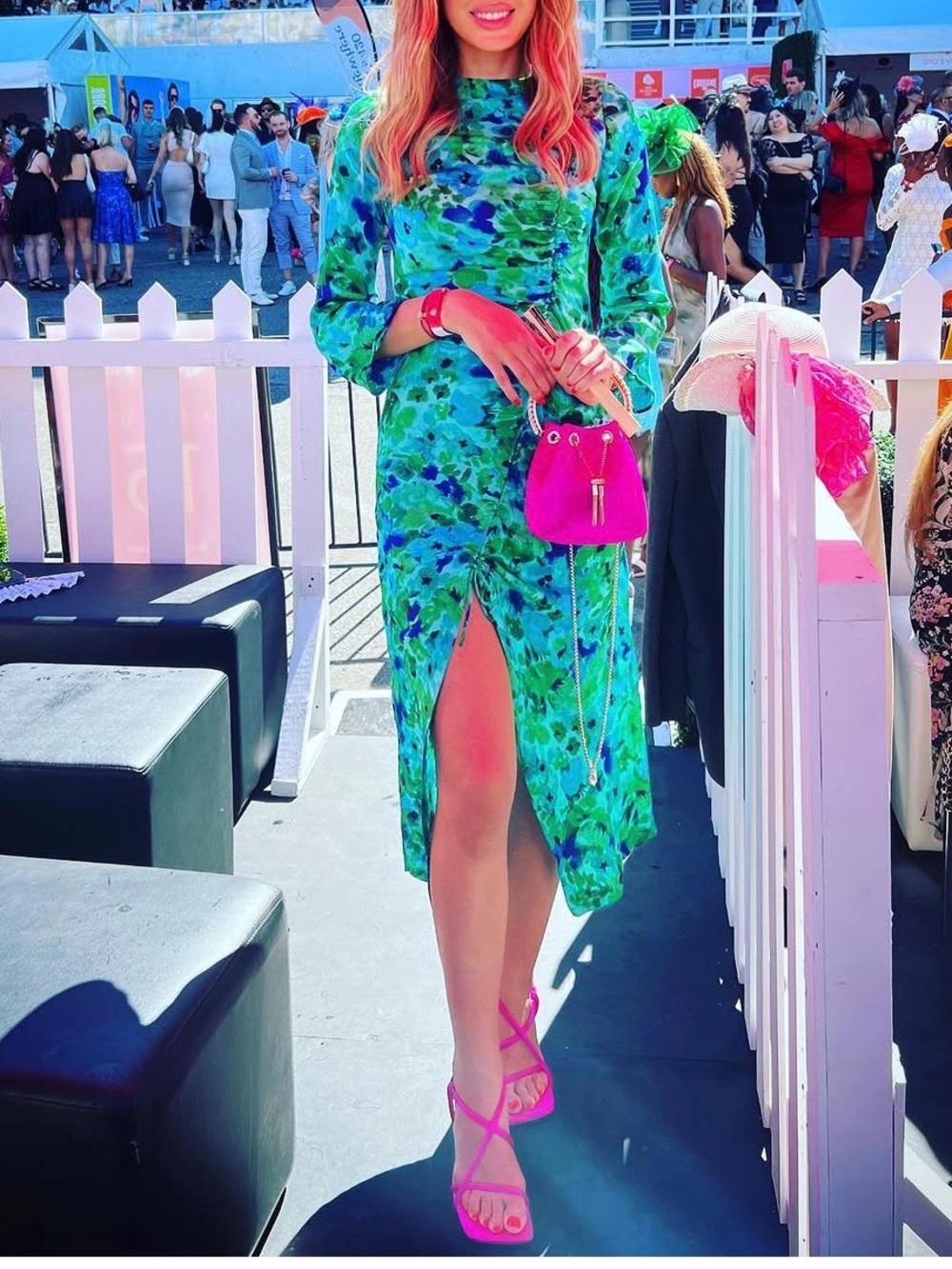 Zara Green and Blue Floral Midi Dress with Front Slit